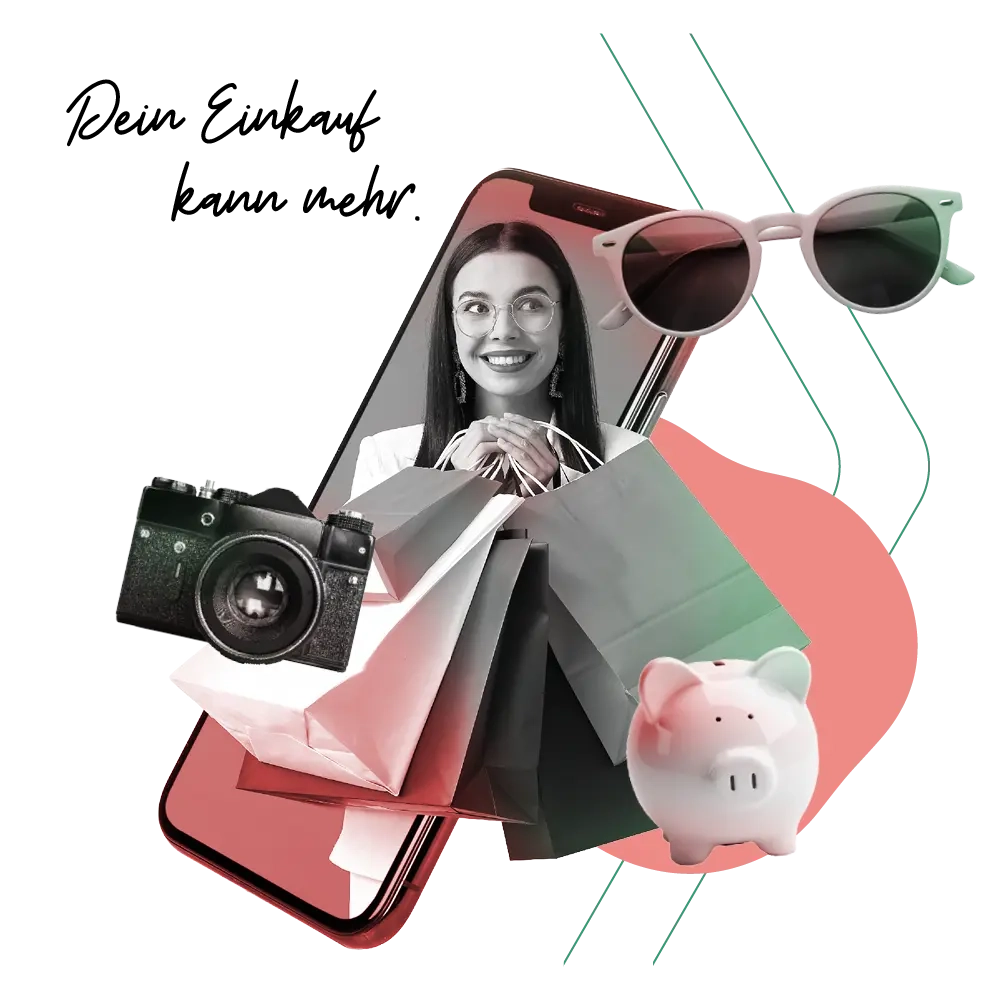 Illustration mit Kamera, Sonnenbrille und Einkaufstüten