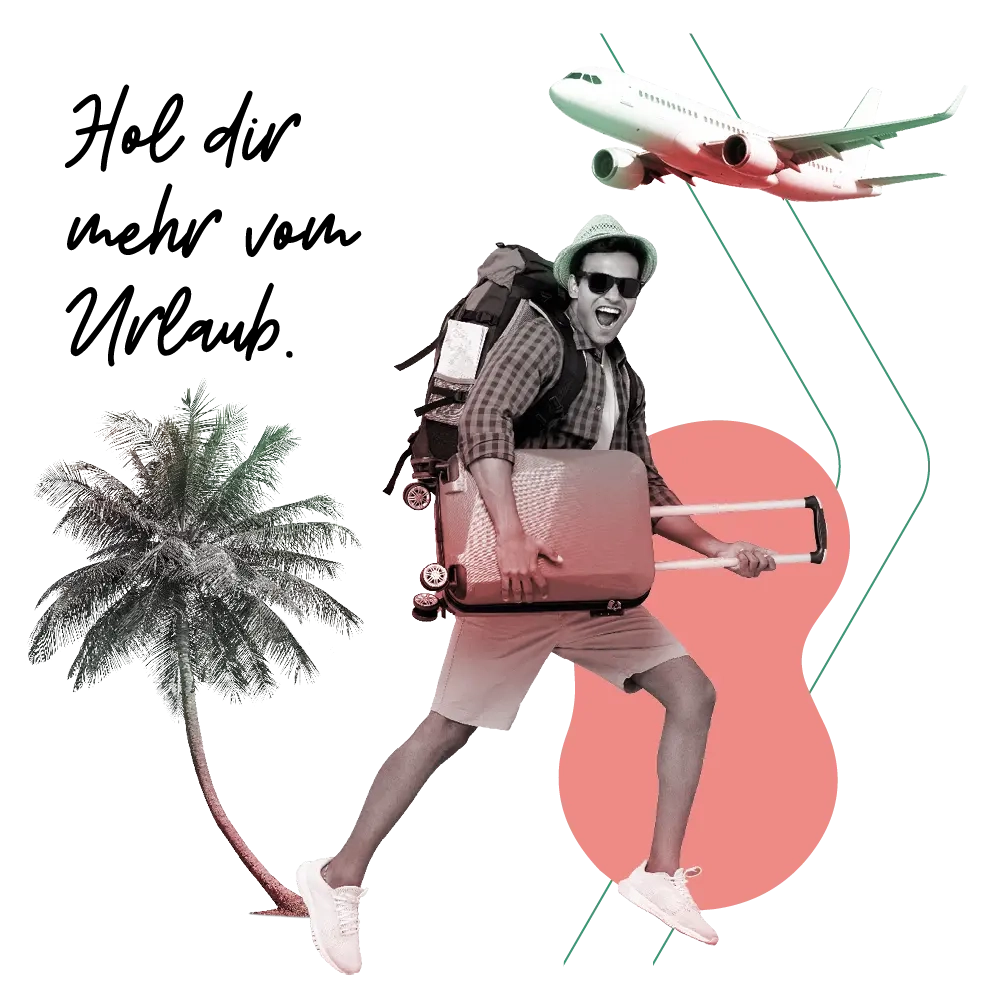 Illustration mit einem Mann, Flugzeug und Koffer in der Hand
